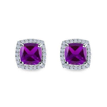 Cushion Cut Stud Earrings Simulated Amethyst CZ 925 Sterling Silver